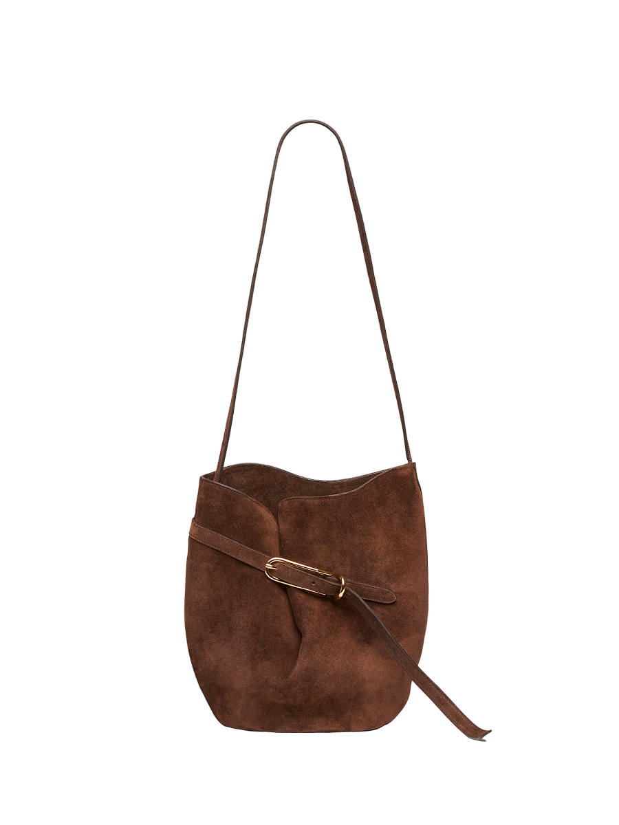 Belted Bucket Bag Dark Brown Suede