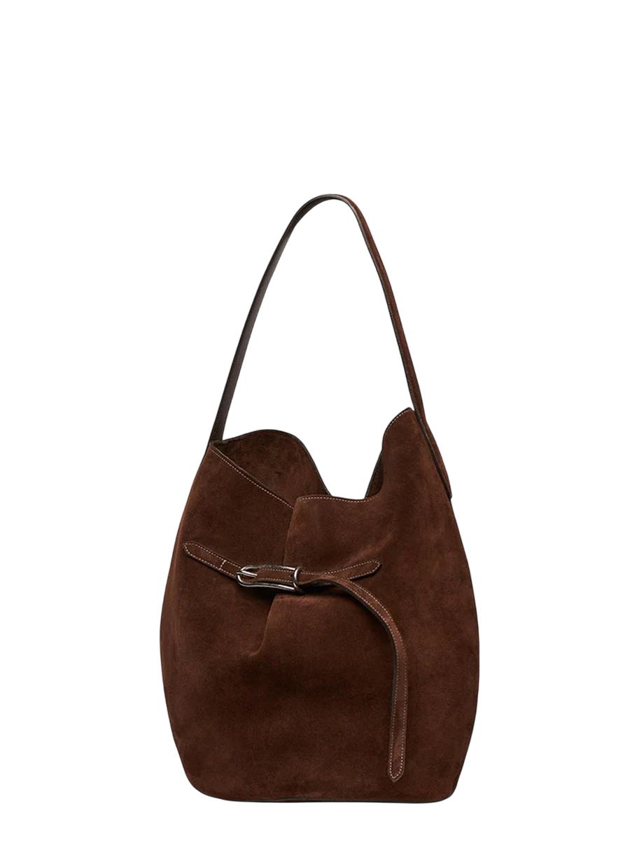Belted Bucket Bag Large Dark Brown Suede