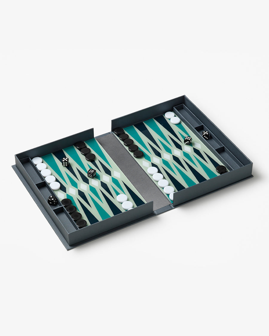 Printworks Classic Backgammon Spiel in Blau Grau Grün geöffnet Detailansicht